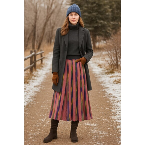 Vintage Sarah Arizona Sz M Rayon Boho Maxi‎ Skirt Southwest Ikat Stripe Pleated - Picture 5 of 16